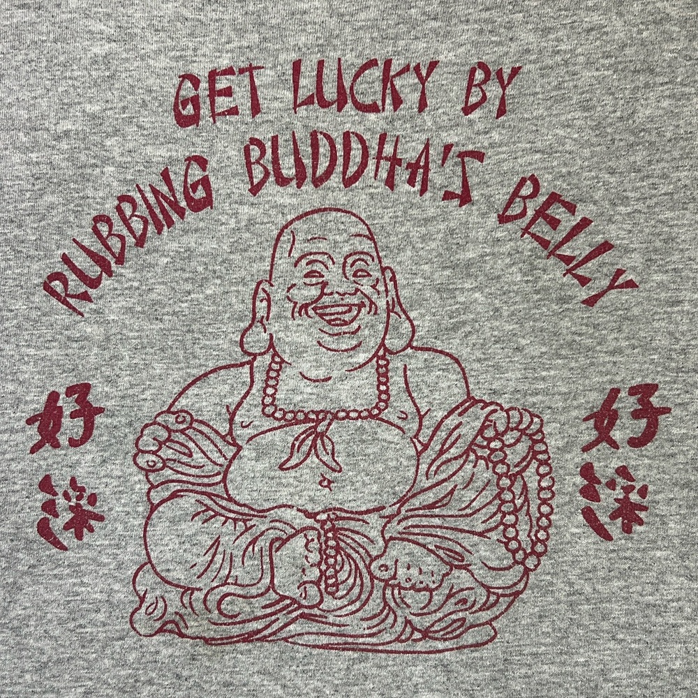 Mens‎ Gray Graphic T-Shirt Laughing Buddha Get Lucky By Rubbing Buddhas Belly M